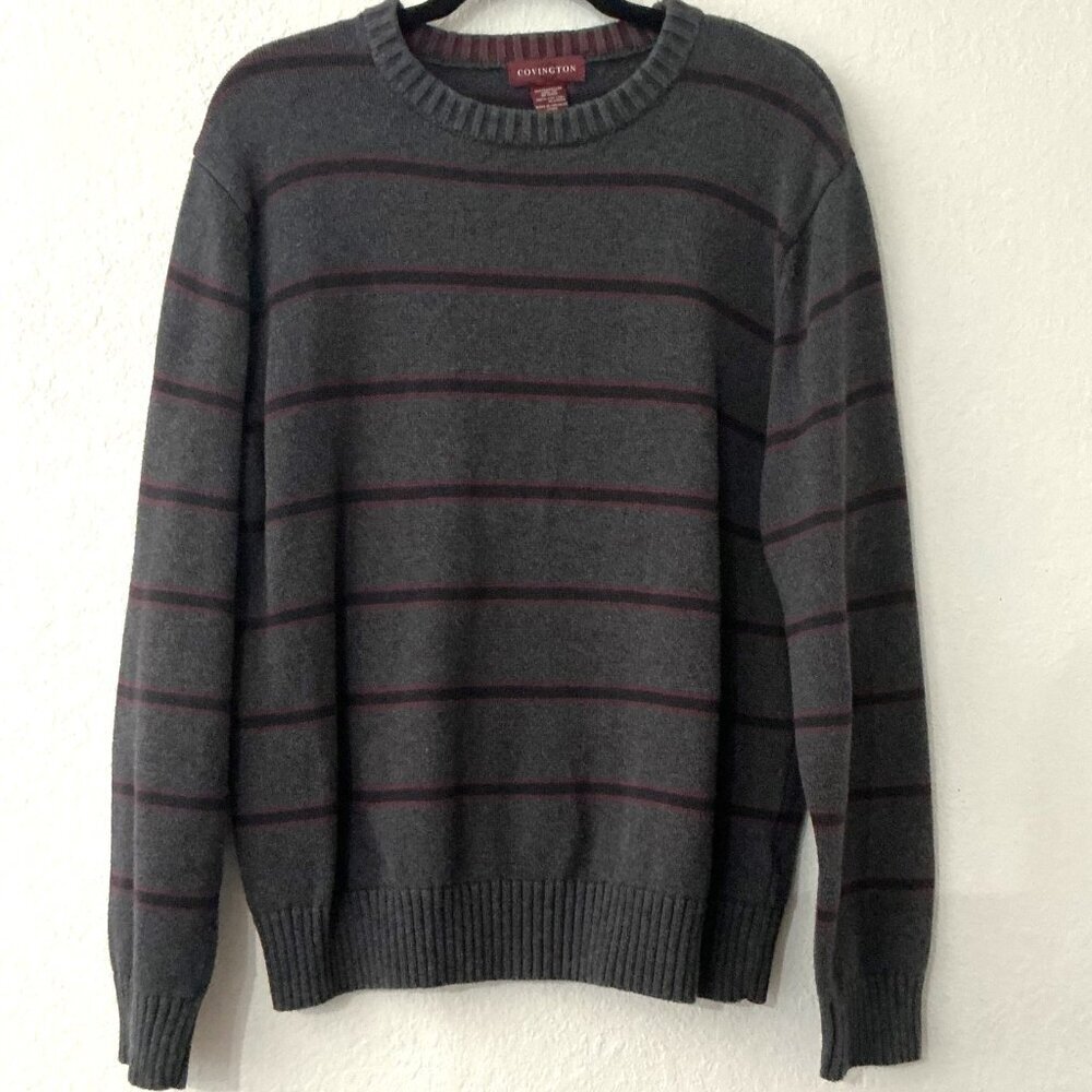 Vintage Covington Men's Grey Striped Crewneck Sweater Knit Pullover Size Large